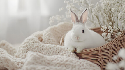 Fluffy White Bunny Sitting in Wicker Basket with Beige Blankets and Surrounded by Spring Flowers