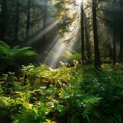 Obraz premium Lush green forest with sunlight filtering through the trees