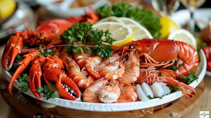 A Plate of Lobster, Shrimp, and Lemon Slices with Parsley