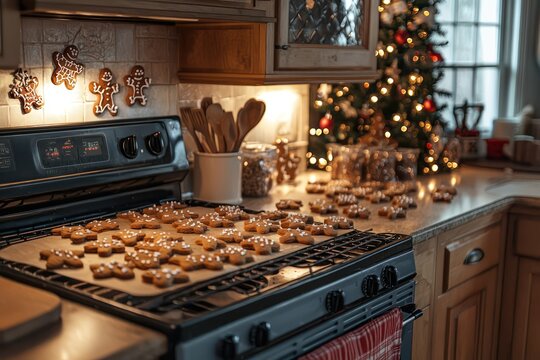 A festive holiday kitchen, with cookies baking in the oven and gingerbread men cooling on the counter
