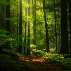 Obraz premium Lush green forest with sunlight filtering through the trees