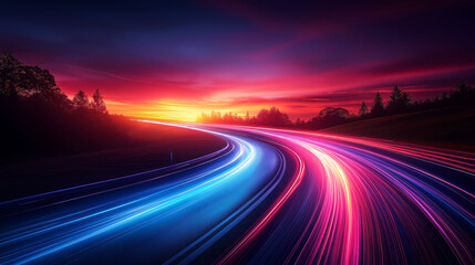 Obraz premium Night Highway between forest before sunset. Long exposure. Car lights in lines.
