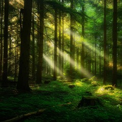 Obraz premium Lush green forest with sunlight filtering through the trees