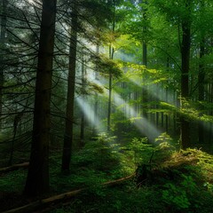 Obraz premium Lush green forest with sunlight filtering through the trees