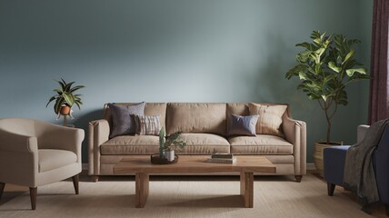 Fototapeta premium Bohemian Modern living room interior with a beige sofa, coffee table, and two armchairs.