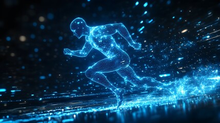Dynamic holographic runner, blue wireframe figure, racing through a virtual environment, pixelated details and glowing blue trails behind