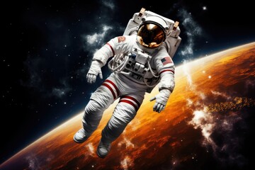 Astronaut floating outside a spaceship in outer space. Man in protective helmet and suit. Cosmos discovering. Science fiction, space travel and exploration concept. World Space Week. Sci-fi background