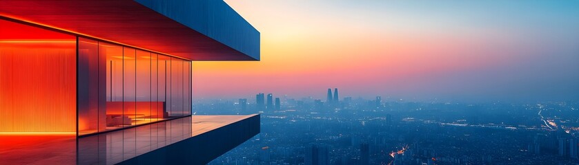 Innovative architecture at dusk, glowing geometric lighting integrated into the facade, city skyline fading into a digital horizon