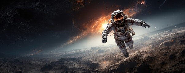 Fototapeta premium Astronaut floating outside a spaceship in outer space. Man in protective helmet and suit. Cosmos discovering. Science fiction, space travel and exploration concept. World Space Week. Sci-fi animation