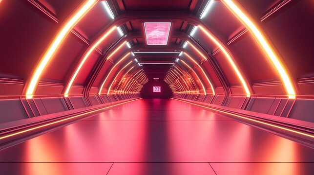 Elegant futuristic passage with alternating gold and neon pink lights, high-tech holograms floating above, luxurious cyberpunk, glowing metal, 3D render, wide shot