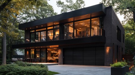Fototapeta premium Modern Home Surrounded by Trees at Dusk