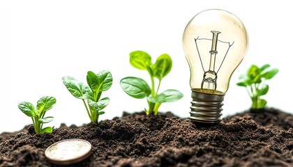 Artistic representation of a light bulb alongside vibrant plants on coins, illustrating the concepts of sustainable investments and ecofriendly energy