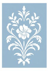 Simple White Calligraphic Floral Stencil Ornament on Light Blue Background with Border

