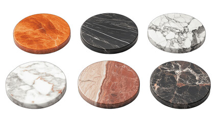 Fototapeta premium Collection of modern round marble trivets isolated on transparent background