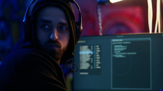 Hacker hiding in bunker removing headphones to hear suspicious sounds, feeling anxious after stealing data from victims. Man stopping music, scared about being caught by police, camera A close up
