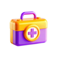 A vibrant 3D render of a plastic first aid kit featuring orange and purple colors with a distinctive medical symbol.