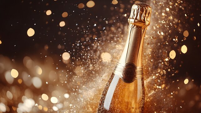 Champagne bottle with gold sparkle and glitter explosion, beige flat lay backdrop, festive party scene, celebration concept, perfect for invitation mockups