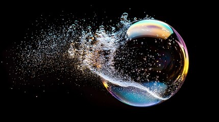 Abstract view of a soap bubble bursting mid-air, with tiny droplets and light scattering across a dark background. Soap bubble, dynamic, dark background