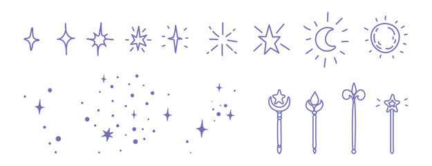 Set of fairy elements, magic dust, stars and wands in hand drawn childish doodle style