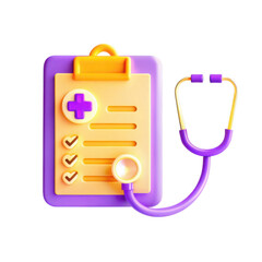 A colorful 3D rendering of a medical clipboard and stethoscope, symbolizing healthcare. Ideal for medical illustrations and health-related designs.