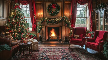 Obraz premium A traditional Christmas setting with a classic tree, warm fireplace, and festive garlands and decorations
