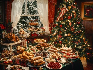 A festive Christmas party scene with a large tree, colorful decorations, and a table full holiday goodies
