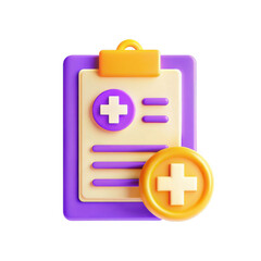 Obraz premium A vibrant 3D icon representing a medical document with a cross and a badge, symbolizing health and care services.