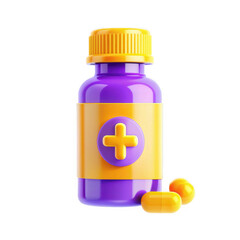 Obraz premium A vibrant purple medicine bottle with a yellow cap and a plus sign, accompanied by yellow capsules. It looks modern and is ideal for health-related graphics.