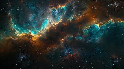 A cosmic nebula with swirling clouds of gas and dust in shades of orange, blue, and white.
