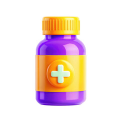 Obraz premium A vibrant 3D render of a medicine bottle featuring bright orange and purple colors with a green cross emblem. Ideal for health-related themes.