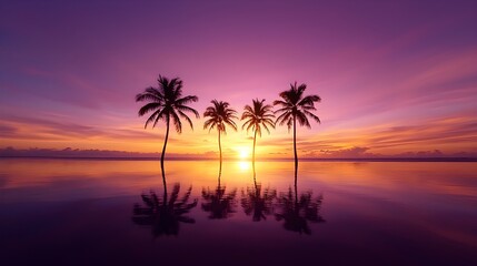 Palm tree silhouettes at sunrise, the sky painted in deep purples and golds, reflections shimmering across the ocean surface, serene and tranquil