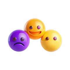 A 3D render of three colorful spherical emoji faces: a happy orange face, a sad purple face, and a neutral yellow face, all isolated on a white background.
