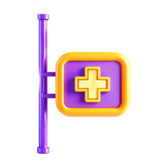 Fototapeta premium A colorful 3D render of a medical sign featuring a plus symbol, designed with vibrant purple and orange colors. Perfect for healthcare themes.