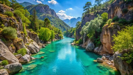 Fototapeta premium Urban Exploration of Goynuk Canyon, Antalya: Turquoise Waters and Majestic Mountains