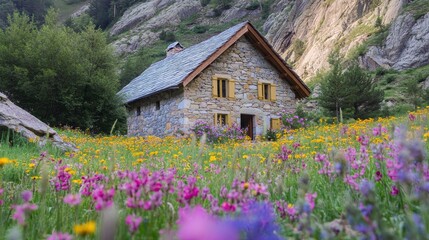 Fototapeta premium Serene Cottage Surrounded by Colorful Wildflowers