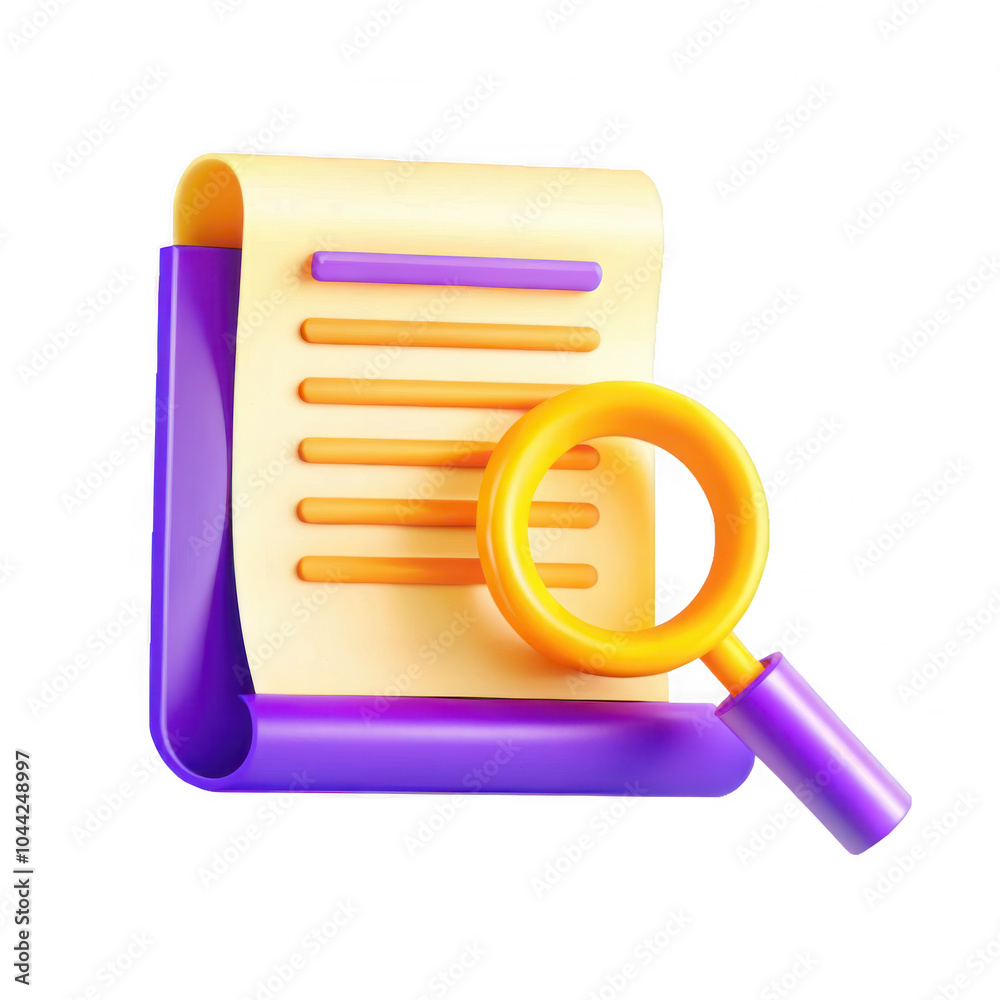 Poster this 3d render showcases a colorful document with lines and a magnifying glass, representing researc