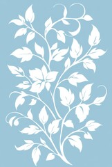 A white, light blue stencil of an elegant, swirling pattern with leaves, on a plain background.  