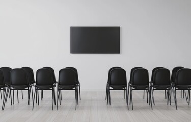 Minimalist Conference Room with a White Wall, Large Flat-Screen, and Rows of Black Chairs on Light Wood Floors, Creating a Bright and Airy Atmosphere.