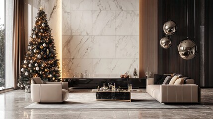 A modern Christmas scene with a sleek tree, contemporary decorations, and a stylish holiday setup