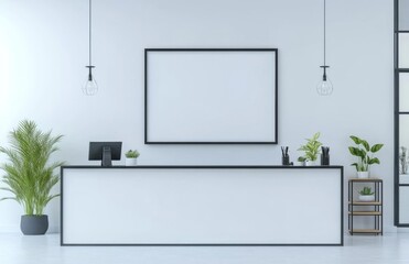 Modern Office Interior Featuring a White Wall with a Mock-Up Frame Above the Reception Desk