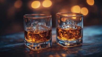 Two whiskey glasses on a wooden surface, ice cubes reflecting soft glowing light, enhancing the rich amber hues of the whiskey, wood and whiskey, classic elegance