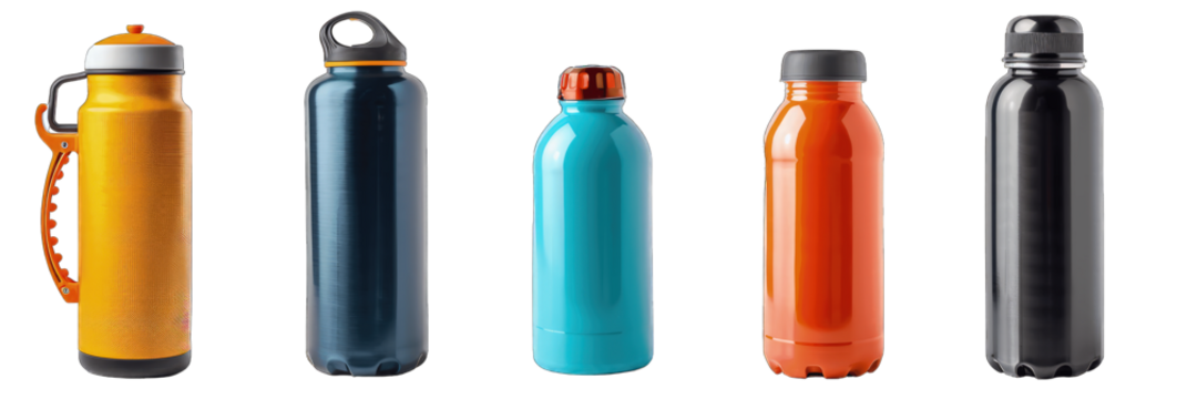 Various collection of colours aluminum thermos water bottles isolated on transparent background