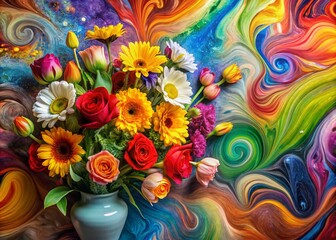 Fototapeta premium Vibrant Flower Painting on Multicolored Canvas - Minimalist Art for Colorful Decor