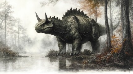 Fototapeta premium Prehistoric Beast in a Misty Forest: A Digital Painting