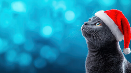 cat wearing Santa hat looks up with curiosity in festive setting.