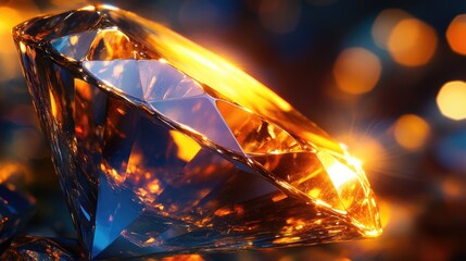 Abstract close-up of a gemstone glowing under light, revealing its stunning brilliance and intricate internal structures