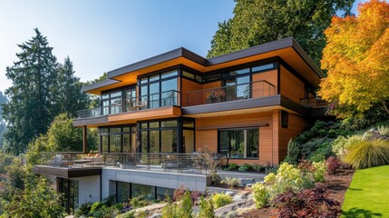 Fototapeta premium Modern House Surrounded by Lush Nature and Scenic Views