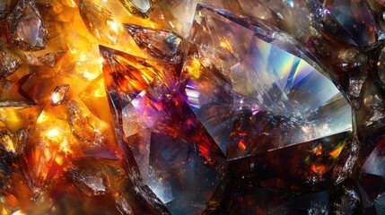 Polished gemstone under bright light, showcasing its dazzling brilliance and revealing detailed internal patterns in an abstract close-up