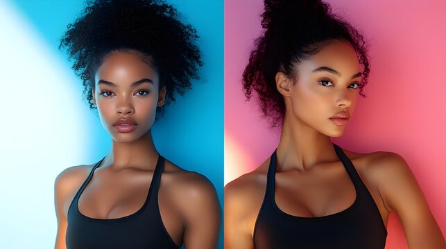 Fitness program advertisement featuring a woman's dramatic transformation, strong confident pose, vibrant background, split view before and after, Photorealistic