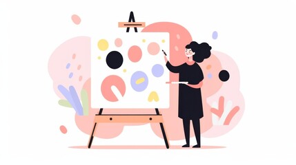 Fototapeta premium a Woman Painting on an Easel，Featuring Pastel Colors, Geometric Shapes, and a Rainbow Color Scheme.